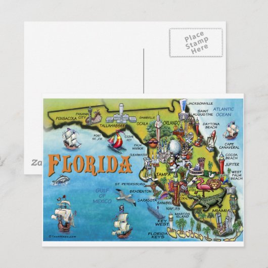 Florida Cartoon Map Briefkaart (Voorkant / Achterkant)
