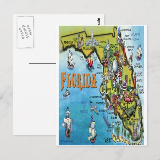 Florida Cartoon Map Briefkaart (Voorkant / Achterkant)