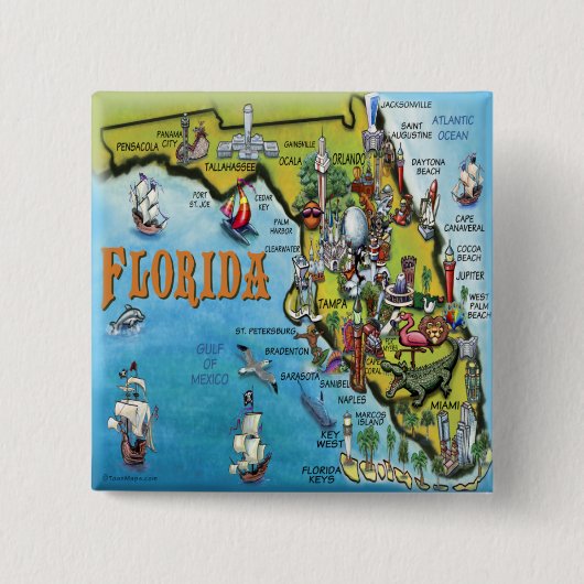 Florida Cartoon Map Vierkante Button 5,1 Cm (Voorkant)