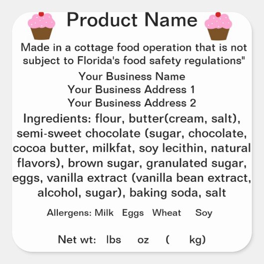 FLORIDA Cottage Food Law Sticker / Label (Voorkant)