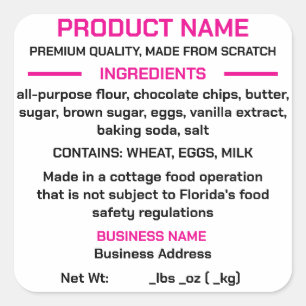 FLORIDA Cottage Food Law Sticker/Label Vierkant Vierkante Sticker