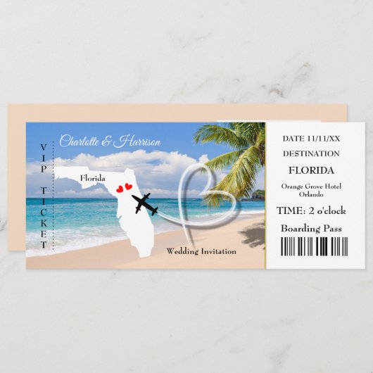 Florida Destination Wedding Ticket Boarding Pass Kaart (Voorkant / Achterkant)