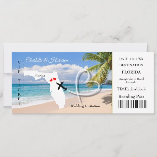 Florida Destination Wedding Ticket Boarding Pass Kaart (Voorkant)