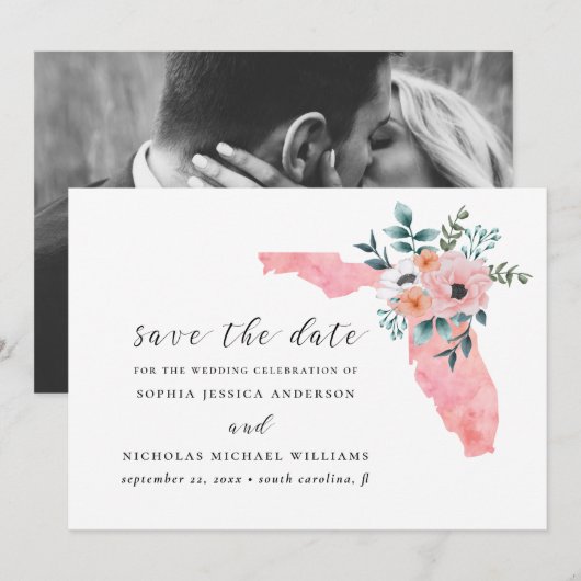 Florida. Elegant roze bloemen. Aquarel Bloemen Save The Date (Voorkant / Achterkant)