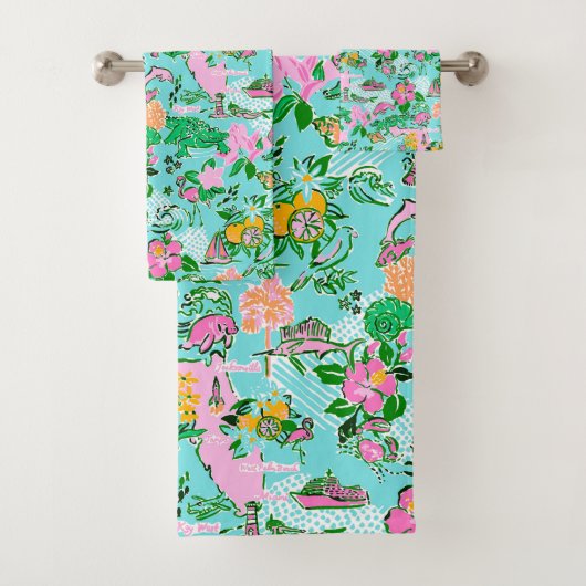 Florida Kaart Preppy Palm Beach Patroon Print Bad Handdoek (Insitu)