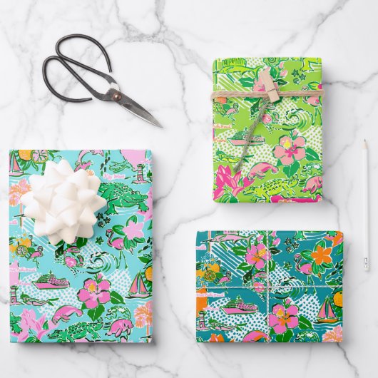 Florida Kaart Preppy Palm Beach Patroon Print Inpakpapier Vel (Voorkant)