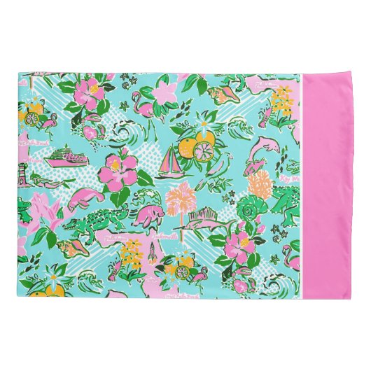 Florida Kaart Preppy Palm Beach Patroon Print Kussensloop (Achterkant)