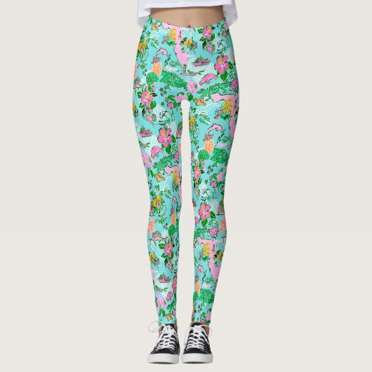 Florida Kaart Preppy Palm Beach Patroon Print Leggings (Voorkant)