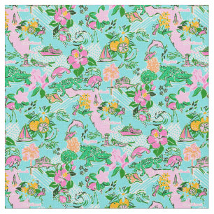 Florida Kaart Preppy Palm Beach Patroon Print Stof