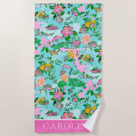 Florida Kaart Preppy Palm Beach Patroon Print Strandlaken