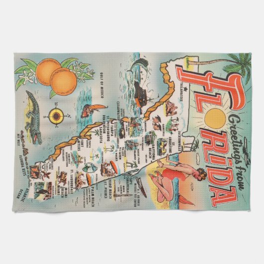  Florida-kaart van attracties Theedoek (Horizontaal)