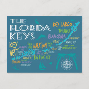 Florida Keys Map met kleurrijke eilandnamen Briefkaart