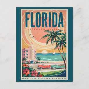 Florida Kust Auto's Illustratie Reis Kunst Vintage Briefkaart