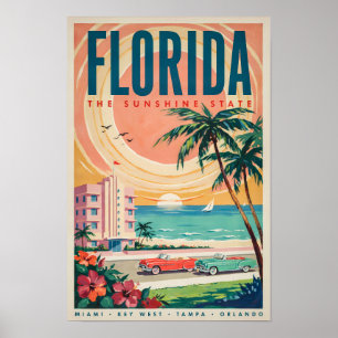 Florida Kust Auto's Illustratie Reis Kunst Vintage Poster