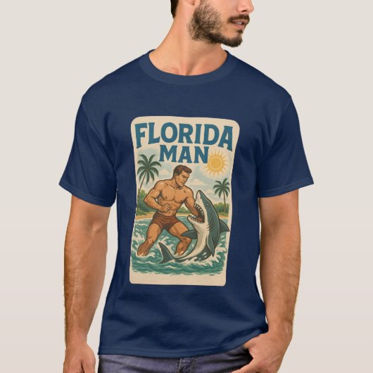Florida Man Coastal Shark Wrestler - Retro Beach T-shirt (Voorkant)