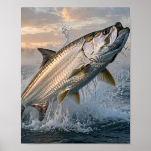 Florida Man Krachtige Tarpon Doorbreekt Zonsopgang Poster