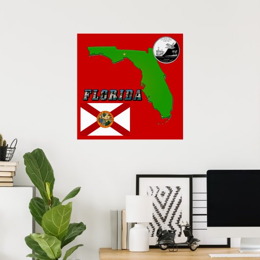 Florida Map, Afbeelding Tekst en State Faux Quarte Poster (Thuiskantoor)