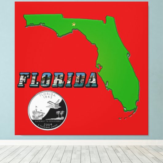 Florida Map, tekst, State Faux Quarter Canvas afdr (Insitu (Houten vloer))