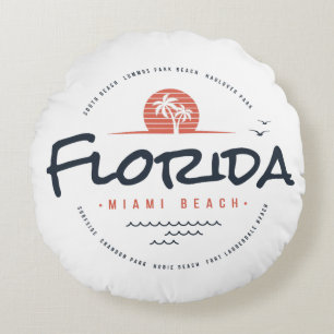 Florida Miami Beach Retro Zonsondergang Palm Tropi Rond Kussen
