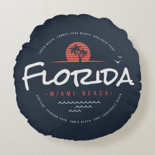 Florida Miami Beach Retro Zonsondergang Palm Tropi Rond Kussen