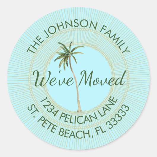 Florida Palm Golden Sun Bewegende aankondiging Ronde Sticker (Voorkant)