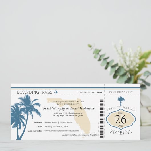 Florida Palm Tree Boarding Pass Wedding Kaart (Staand voorkant)