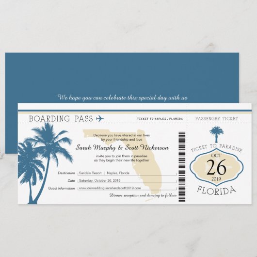 Florida Palm Tree Boarding Pass Wedding Kaart (Voorkant / Achterkant)