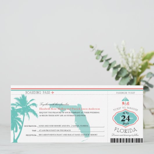 Florida Palm Tree Boarding Pass Wedding Kaart (Staand voorkant)