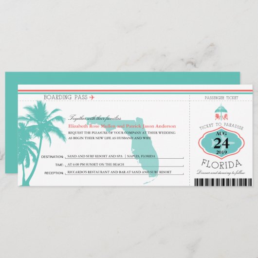Florida Palm Tree Boarding Pass Wedding Kaart (Voorkant / Achterkant)