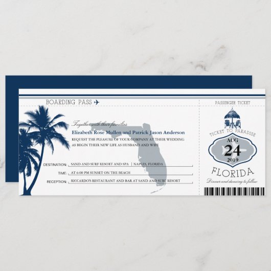 Florida Palm Tree Boarding Pass Wedding Kaart (Voorkant / Achterkant)