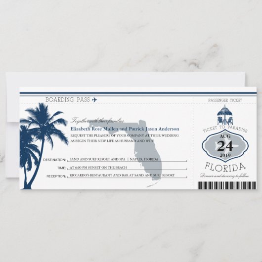 Florida Palm Tree Boarding Pass Wedding Kaart (Voorkant)
