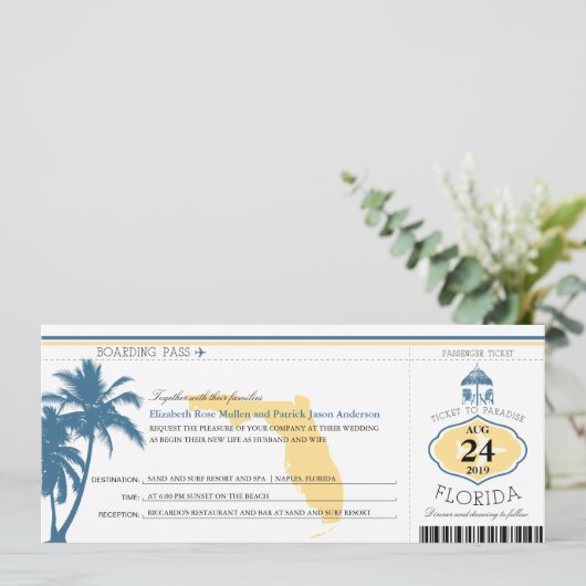 Florida Palm Tree Boarding Pass Wedding Kaart (Staand voorkant)