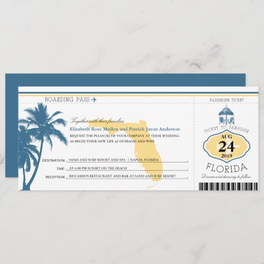 Florida Palm Tree Boarding Pass Wedding Kaart (Voorkant / Achterkant)