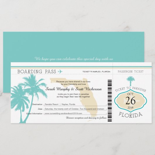 Florida Palm Tree Boarding Pass Wedding Kaart (Voorkant / Achterkant)