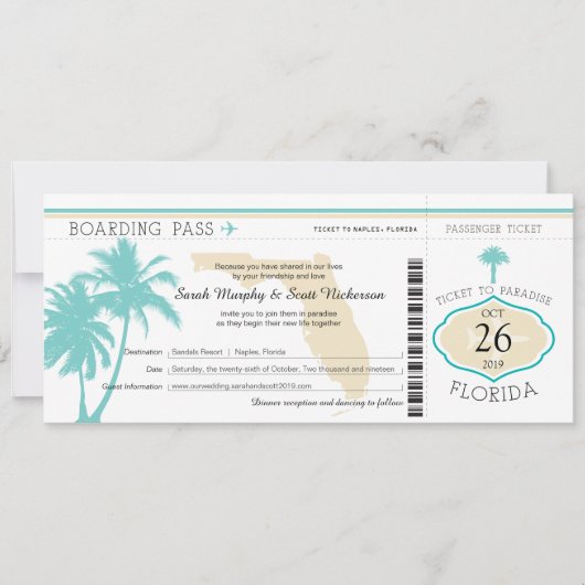 Florida Palm Tree Boarding Pass Wedding Kaart (Voorkant)
