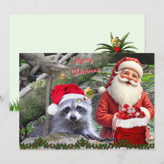 Florida Raccoon, Gator, and Santa Flat Card Feestdagenkaart (Voorkant / Achterkant)