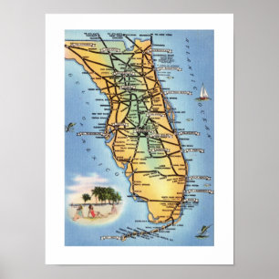 Florida Road Map 12x16 Poster Afdrukken