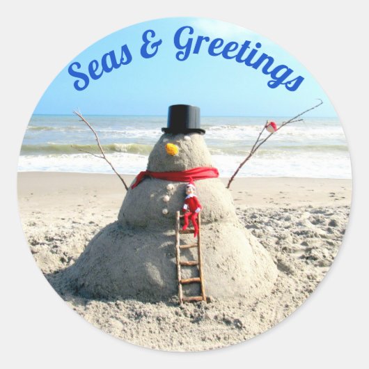 Florida Snowman w/ Elf - Sand Sculpture - Beach Ronde Sticker (Voorkant)