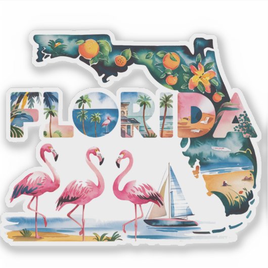 Florida Staat Kaart Tropisch Roze Flamingo's  Sticker (Voorkant)