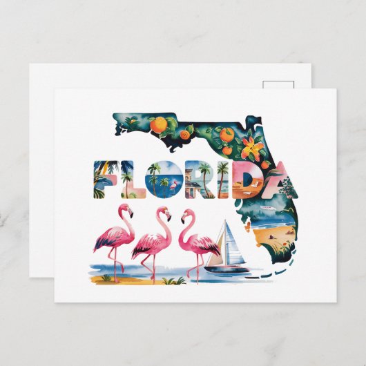 Florida Staat Kaart Tropische Roze Flamingo's  (Voorkant / Achterkant)