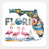 Florida staat kaart tropische roze flamingo's vierkante sticker (Voorkant)
