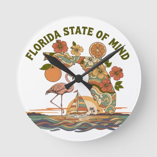 Florida Staat van Geest Retro Flamingo Zeilboot Ca Ronde Klok (Voorkant)