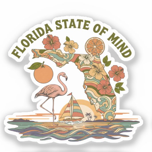 Florida Staat van Geest Retro Flamingo Zeilboot Ca Sticker (Voorkant)