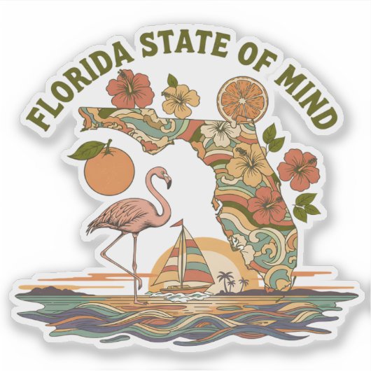 Florida Staat van Geest Retro Flamingo Zeilboot Ca Sticker (Voorkant)