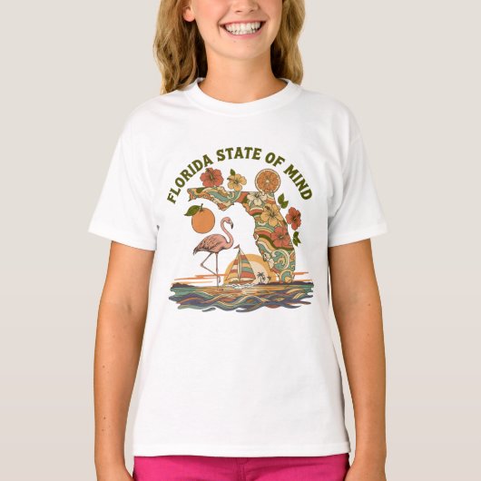 Florida Staat van Geest Retro Flamingo Zeilboot Ca T-shirt (Voorkant)