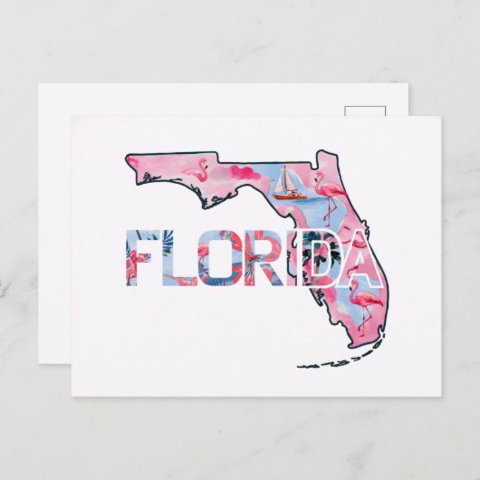 Florida State Kaart Omtrek Vorm Roze Flamingo's (Voorkant / Achterkant)