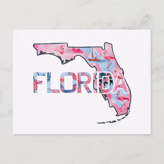 Florida State Kaart Omtrek Vorm Roze Flamingo's (Voorkant)