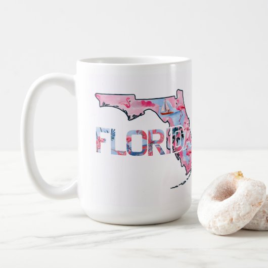Florida State Kaart Omtrek Vorm Roze Flamingo's Koffiemok (Met donut)
