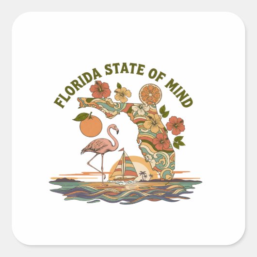 Florida State of Mind Retro Flamingo Sailboat Gift Vierkante Sticker (Voorkant)