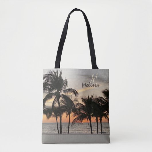Florida Sunset Palm Tree Monogram Naam Tote Bag (Voorkant)